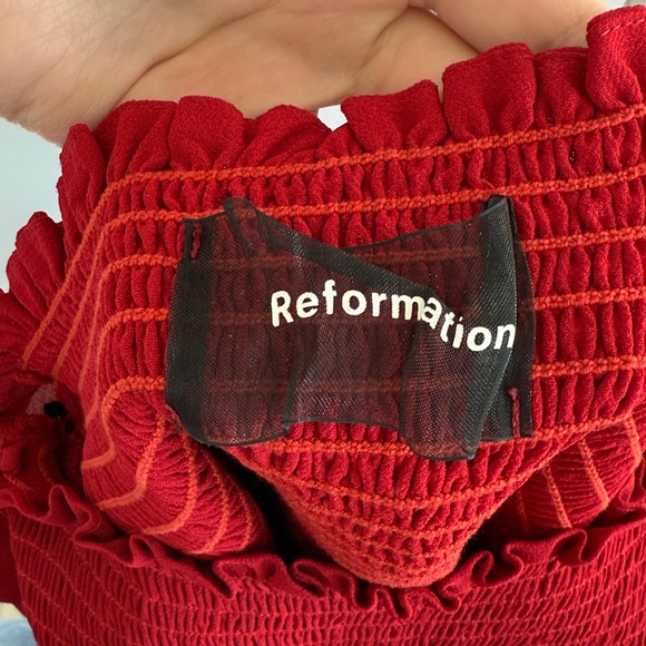 Reformation Kelli Red Smocked Bodice Long-Sleeve Mini Dress - Picture 2 of 3